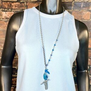Long Silver & Blue Parrot Necklace Unique Jewelry